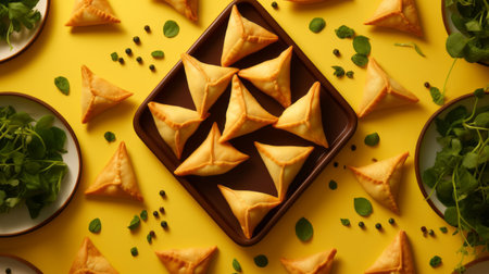 a photo of delicious pastries representing thai and iranian cuisine in ghent. the vibrant yellow and green colors create a y2k aesthetic against a matte background. the folded planes and angular forms add an interesting visual element. this high-resolution image captures the fusion of flavors and indian traditions in a mouthwatering display. ai generatedの素材