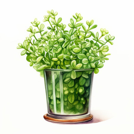 indoor plant in a box illustration featuring luminous glazes and highly detailed basil gogos style. the illustration showcases a green, translucent water effect, reminiscent of the unique style of artist gediminas pranckevicius. ai generatedの素材