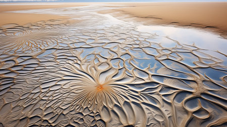 a stunning national geographic photo capturing the beauty of a flower and a hole in the sand, resembling cellular formations. the image showcases fantastic landscapes with mirrored reflections and flowing lines. the intricate details and mesmerizing patterns create an awe-inspiring sight. prepare to be amazed by the captivating beauty of this image, reminiscent of infinity nets. ai generatedの素材