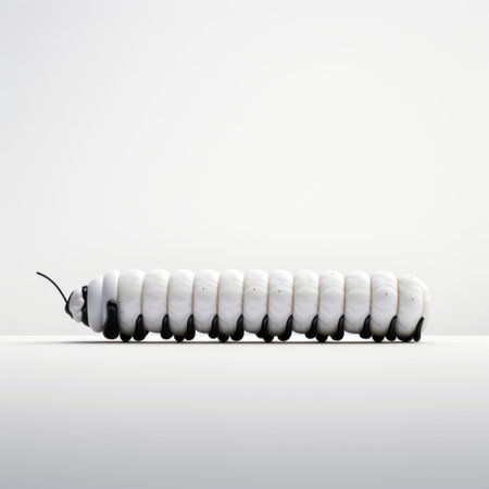 white caterpillars with pink legs crawl on a white background, creating a surreal robotic scene. the stark black and white photography captures the plastic-made creatures in a mesmerizing way. the image showcases the meticulous focus stacking technique, resulting in a striking contrast between light white and dark bronze tones. this danish design is inspired by advertising aesthetics. ai generatedの素材