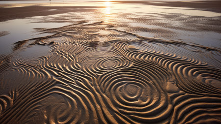 water stains on the sand create a mesmerizing display reminiscent of art nouveau's organic flowing lines. this traditional british landscape captures the beauty of spiral vortex patterns, enhanced by the backlight. the symmetrical balance of this scottish landscape makes it a captivating subject, perfect for an associated press photo. ai generatedの素材