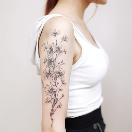 a girl wearing a pink blouse showcases her arm adorned with a minimalist black and white flower tattoo. the tattoo features intricate details, including striated resin veins and subtle color variations. the elegant inking techniques used in this traditional vietnamese design create a beautiful contrast between light purple and light black shades. ai generatedの素材