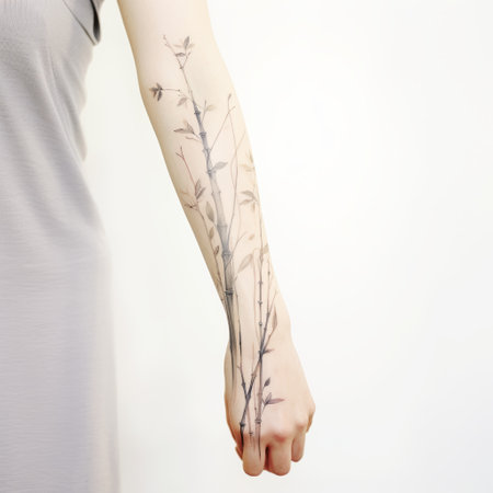 a lady showcasing a stunning black forest tattoo on her forearm. the tattoo is designed in a minimalistic composition, featuring delicate floral studies inspired by the song dynasty. the high-quality photo captures the tattoo in light gray and indigo hues, creating a visually appealing contrast. the cut-out silhouettes and kintsugi elements add an artistic touch to the overall design. ai generatedの素材