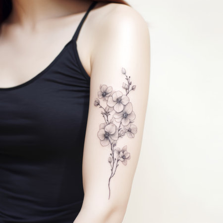 a woman showcasing a feminine sticker art-inspired orchid flower tattoo on her arm. the tattoo features elements of dansaekhwa and minimalist ink painting, with a soft-focus technique highlighting the intricate line-work. the colors used are a combination of light silver, light black, dark purple, and light brown. ai generatedの素材