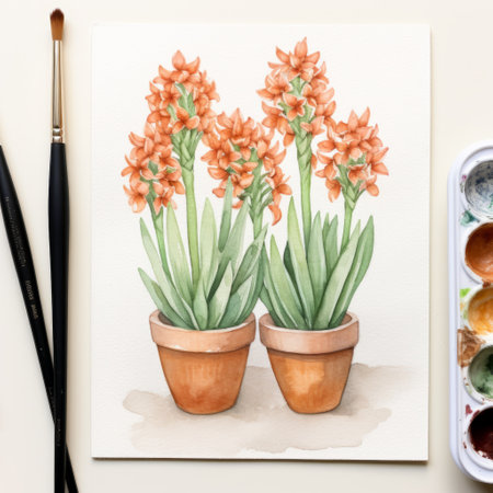 hyacinth watercolor illustration with minimalist rustic southwest vibe. features 3-4 pots of varying sizes, shapes, and textures. color palette includes green, gray, brown, and orange. ai generatedの素材