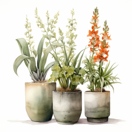 snapdragon watercolor illustration with a minimalist rustic southwest vibe. features 3-4 pots of varying sizes, shapes, and textures. color palette includes green, gray, brown, and orange. ai generatedの素材
