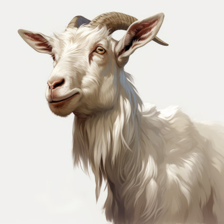 goat on a white background, looking to the side. this 32k uhd photo captures the essence of magali villeneuve's style, reminiscent of painted illustrations. the goat, characterized with a touch of dave coverly's animal artistry, exudes a sense of elegance and charm. the silver and brown tones add depth and richness, reminiscent of the works of jan weenix. ai generatedの素材