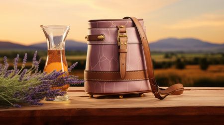 a bag on a wooden barrel in a lavender field with rolling hills in the background. the bag holds a vodka tonic, blending seamlessly with the serene landscape. ai generatedの素材