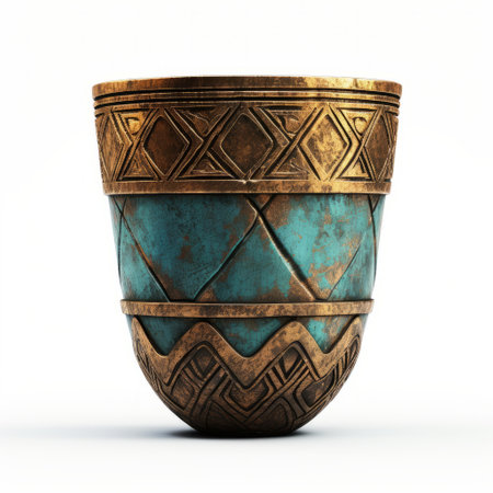 a digital illustration of an old, faded, and scratched painted metal cup is showcased in a flat profile side view. created using maya 3d software, this sleek and smooth carved cup stands out against a white background. ai generatedの素材