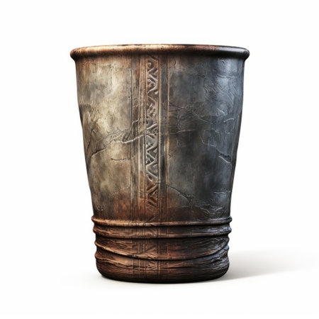 a digital illustration of an old, faded, and scratched paint metal cup is depicted in a flat profile side view. the cup has a sleek and smooth carved design, created using maya 3d software. the illustration is showcased on a clean white background. ai generatedの素材