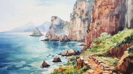 a watercolor painting of a karst landscape featuring a vibrant red brick road that guides the viewer's gaze towards the mesmerizing sea. this 800 square inch artwork captures intricate details, showcasing the beauty of the karst formations and the allure of the coastal scenery. the aspect ratio of 16:9 and a view of 5.2 enhance the visual impact of this captivating piece. ai generatedの素材