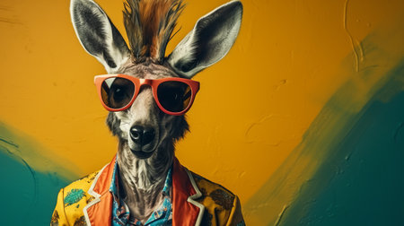 a male kangaroo in modern punk attire, sporting a surreal fashion hairstyle, is captured in this photo. with tattoos, piercings, and a cloud of smoke, he is seen cracking up with laughter, eyes closed in extreme happiness. the vibrant wes anderson colors and retro striped background add to the advertising-like feel of this cinematic 8k color illustration, illuminated by profoto lighting. ai generatedの素材