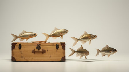 four skinny fish collaborating to transport a wooden box in various angles. the photo showcases a front view, rear view, and 3/4 view of the fish carrying the box. the image is cut out on a white background, illuminated evenly with ring lighting. rendered in 8k octane, the photo exhibits exceptional detail. ai generatedの素材