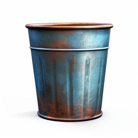 a digital illustration featuring a sleek, smooth carved metal cup with faded and scratched paint. this old and weathered cup is depicted in a flat profile side view. created using maya 3d software, the cup stands out against a clean white background. ai generatedの素材