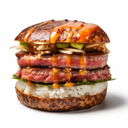 a mouthwatering photo of a juicy burger with a perfectly grilled 180g beef patty, topped with crispy bacon and a delicious special sauce. the burger is presented on a white background, making it the star of the show. ai generatedの素材