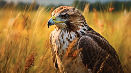 ultra-realistic hawk with vibrant plumage strutting through a field of tall grass. photo hyper-realism style reminiscent of tim laman's bird photography. bright, natural lighting highlights the iridescent feathers, showcasing a palette of deep blues, greens, fiery reds, and oranges. shot with a canon eos r5 mirrorless camera and rf 100-500mm f4.5-7.1 l is usm lens, capturing the hawk's striking appearance in a full-body shot. highlyの素材