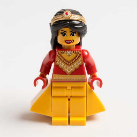 lego minifigure wearing a lehenga from scotland stands against a white background. the top light illuminates the scene, creating a bright and vibrant daytime atmosphere. captured with a sony sdlr and a 50mm lens at f/2.8, the photo showcases the intricate details of the minifigure's traditional scottish attire. shot in 2k resolution for optimal clarity and quality. ai generatedの素材