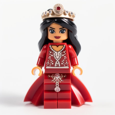 lego minifigure wearing a lehenga from scotland stands against a white background. the top light illuminates the scene, creating a bright and vibrant daytime atmosphere. captured with a sony sdlr and a 50mm lens at f/2.8, the photo showcases the intricate details of the minifigure's traditional scottish attire. the resolution is 2k, ensuring a high-quality image. ai generatedの素材