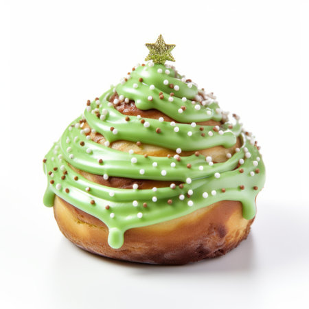 cinnamon rolls with green frosting shaped like a christmas tree and sprinkles on top, placed on a white background. ai generatedの素材