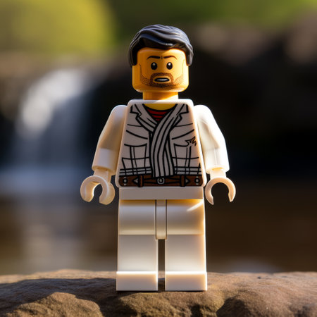 lego minifigure wearing a dhoti from scotland stands against a white background. the image is captured during the daytime with top light, using a sony sdlr camera and a 50mm lens with an aperture of f/2.8. the resolution of the photo is 2k. ai generatedの素材
