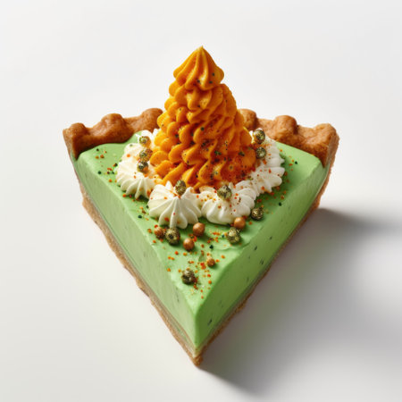 a pumpkin pie with green frosting in the shape of a christmas tree, adorned with colorful sprinkles, sits on a clean white background. ai generatedの素材