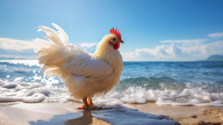 a chicken stands near the water's edge on a sandy beach, its feathers ruffled by the gentle sea breeze. this soft focus photograph captures the grace and beauty of the chicken in an expressionistic style. with a resolution of 64k, the high-quality image showcases every detail of the scene. ai generatedの素材