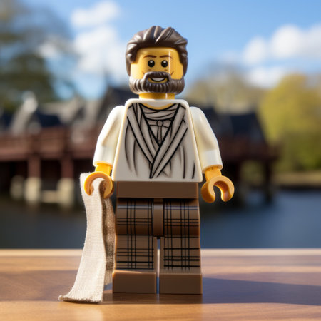 lego minifigure wearing a dhoti from scotland stands against a white background. the image is captured during daytime with top light, using a sony sdlr camera and a 50mm lens with an aperture of f/2.8. the resolution of the photo is 2k. ai generatedの素材