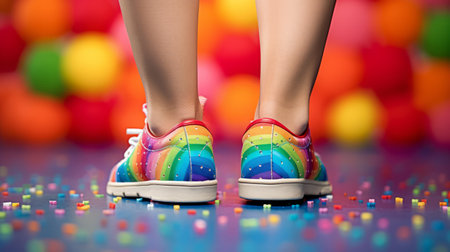female legs photographed from the back, against a vibrant rainbow background, representing lgbtq pride month. this creative magazine portrait captures the essence of diversity and inclusivity. the studio lighting enhances the visual impact of the image. shot with a hasselblad h6d-400c camera, paired with an hc macro 120mm f/4 ii lens. ai generatedの素材