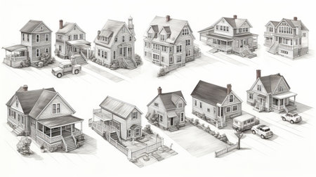 isometric pencil illustration of a cape cod with vanishing points, imperfections, and a freehand finish. ai generatedの素材