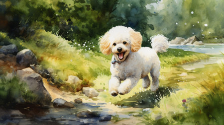 a poodle playing fetch in a green meadow, wagging tail, excited, beautiful light, watercolor painting, 16k resolution, high detail. ai generatedの素材