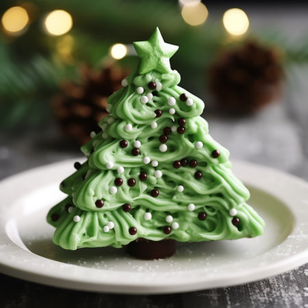 a festive christmas tree-shaped fudge with green frosting and colorful sprinkles, beautifully displayed on a clean white background. ai generatedの素材