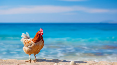 a chicken stands near the water's edge on a sandy beach, its feathers ruffled by the gentle sea breeze. this soft focus photograph captures the grace and beauty of the chicken in an expressionistic style. with a resolution of 64k, this high-resolution image showcases every detail of the scene. ai generatedの素材