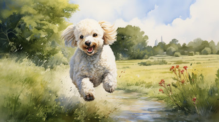 a poodle playing fetch in a green meadow, wagging tail, excited, beautiful light, watercolor painting, 16k resolution, high detail. ai generatedの素材
