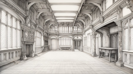 a pencil illustration of a tudor, showcasing virtual reality walkthroughs. the artwork captures the essence of the era with meticulous attention to detail, including vanishing points and imperfections. the freehand finish adds a unique touch to this immersive experience. ai generatedの素材
