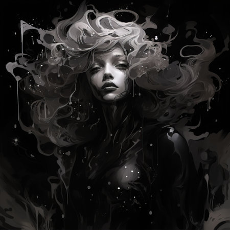 the renaissance artwork is a digital and glitchy depiction on black paper. it showcases a moody black and white aesthetic with elements of nightcore, backlighting, primitivism, toycore, and expressionism. the piece exudes emotional intensity through its unique style and composition. ai generatedの素材