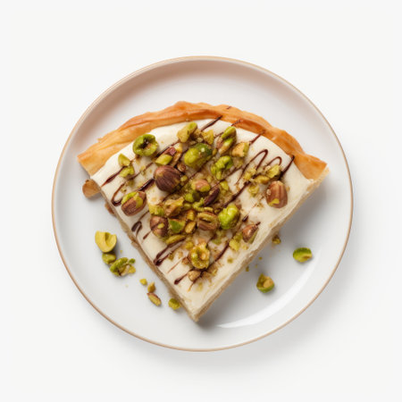 a plate of mouthwatering baklava, captured in stunning detail with a 4k, 8k, uhd resolution. this top view photo showcases the delectable cheesecake on a pristine white background. ideal for professional advertising and food photography, this image will surely entice baklava enthusiasts with its hyper detailed presentation. ai generatedの素材