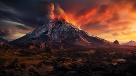 a breathtaking photo capturing the stunning scenery of a volcano, taken with the cinematic canon eos rebel t7. this finely detailed image showcases the beauty of nature, with a range of lenses used to capture different perspectives. the high-resolution, award-winning photography brings the scene to life, with realistic lighting and aetherpunk elements adding a unique touch. ai generatedの素材