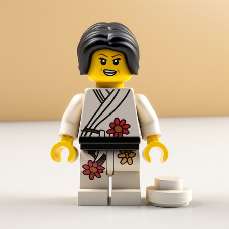 lego minifigure wearing a scottish kimono stands against a white background. the photo is taken during the daytime with top light, using a sony sdlr camera and a 50mm lens with an aperture of f/2.8. the resolution of the image is 2k. ai generatedの素材