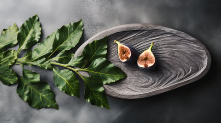 fig in wooden long dish on dark gray stone textured background. this top view photo showcases the intricate details of the fig, with ultra-detailed composition. the image is available as a stock photo on popular platforms like shutterstock, adobe, and getty, and is captured in high resolution (8k) for super detailed viewing. the defocused background adds a beautiful bokeh effect to the overall composition. aiの素材