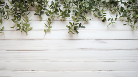 flat lay composition featuring shrub branches on a rustic white wood floor background. this elegant and soft-toned photograph is captured from a top view, showcasing ample copy space. the image is shot in high definition (hd) with studio lighting, making it perfect for various photography purposes. ai generatedの素材