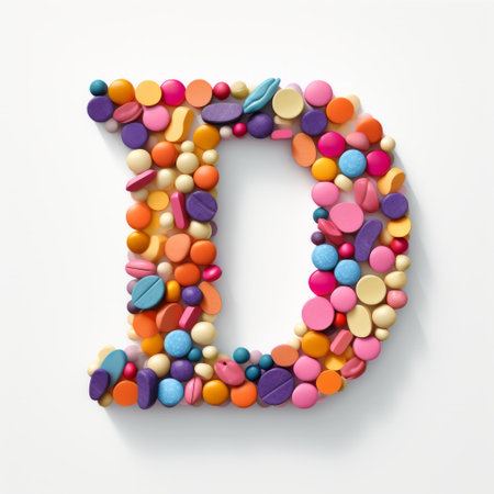 the letter "d" is formed by a creative arrangement of colorful and whimsical pills on a clean white background. each pill showcases unique shapes and vibrant colors, adding a playful touch to the overall design. ai generatedの素材