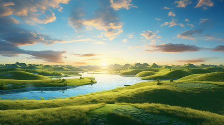 a stunning 8k photo captures a lagoon surrounded by rolling hills and green wheat fields, illuminated by a breathtaking sunrise. the ultra-high-definition image showcases the vivid colors of the morning light and the clear blue sky, creating a realistic and immersive atmosphere. ai generatedの素材