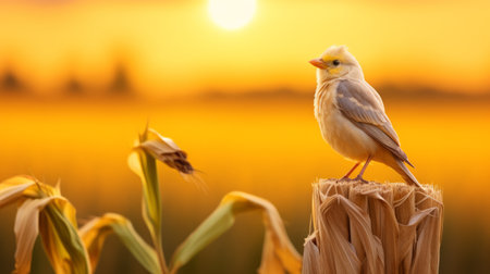 a seagull perched on a fence post, overlooking a vibrant cornfield on a farm. the seagull appears content and radiates joy, creating a warm and inviting atmosphere. this photograph captures the beauty of nature and the peaceful coexistence of wildlife and agriculture. ai generatedの素材