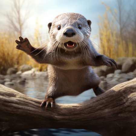 a stunning photograph showcasing a lively otter in a captivating pose. this hyper-realistic image captures the otter's every detail with incredible sharpness, contrast, and depth of field. the wide-angle shot beautifully presents the full body of the otter, creating a visually engaging and immersive experience. ai generatedの素材