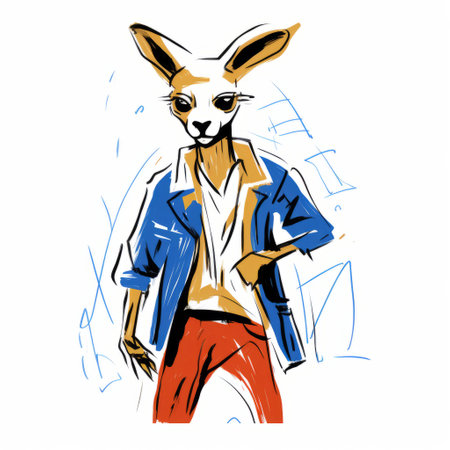 a minimalistic one-line drawing of a kangaroo in basquiat style, serving as a mascot emblem or symbol. this png format image features only the stroke, similar to the lacoste dino, but without any fill. the kangaroo is depicted in a jean michel basquiat-inspired style, capturing the essence of his unique artistic approach. ai generatedの素材