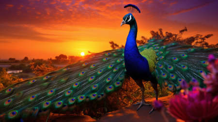 a majestic peacock gracefully displays its vibrant feathers in the golden light of a stunning sunset. the intricate details of its plumage are highlighted, showcasing a mesmerizing blend of blues, greens, and purples. the hdr photography techniques used in capturing this image enhance the lighting, creating a dynamic composition that captures the beauty of the peacock and its natural habitat. ai generatedの素材
