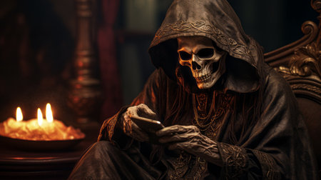 a photo of a lich captured using a smartphone, featuring a dark color palette reminiscent of rembrandt's style. the image showcases a depth of field of 15mm f2.8, adding a captivating and artistic touch to the subject. ai generatedの素材