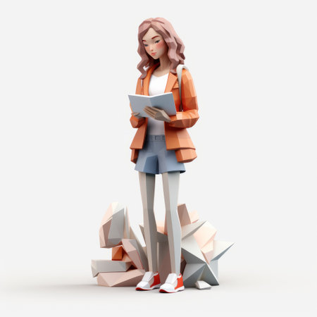 a high detailed 3d low-poly design showcases a full body of a girl writer character. the design features minimalistic shapes, simplification, and a low resolution for efficient and lightweight rendering. with clean geometry and a 45-degree angle, the design offers a modern, sharp, and bold look. the clean pastel background isolates the character, allowing the intricate details, realistic surface materials, accurate color representation, realistic shadows,の素材