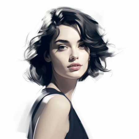 a female portrait of william in a vector format, showcasing a unique juxtaposition of light and shadow. the sketch is predominantly in black, white, and navy blue, with a desaturated oil portraitures effect. created using daz3d and leica m6, the artwork features soft brush strokes and an eternal beauty. the portrait is set against a translucent white background. ai generatedの素材