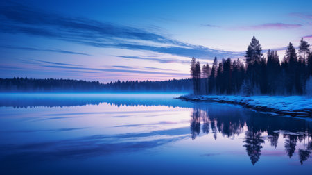 the photo showcases the breathtaking beauty of kittila as the blue hour envelops the natural landscape. with a minimalist composition, the image captures the transparent and ethereal atmosphere. shot with a canon 5d, this high-quality, 16k hd photograph truly captures the magical transformation of the scenery. ai generatedの素材
